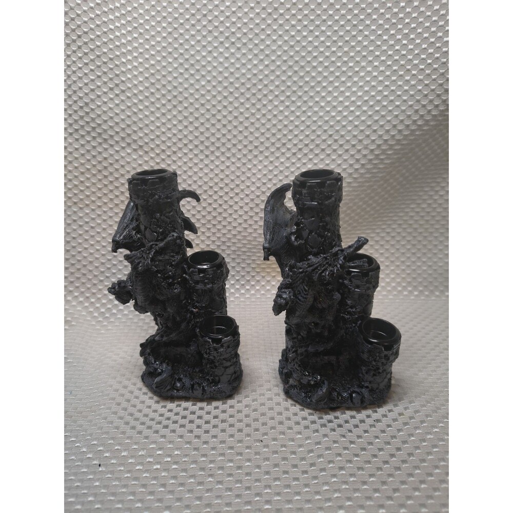 Halloween Gothic Black Dragon Castle Miniature Chime Spell Candle Holder Set 2